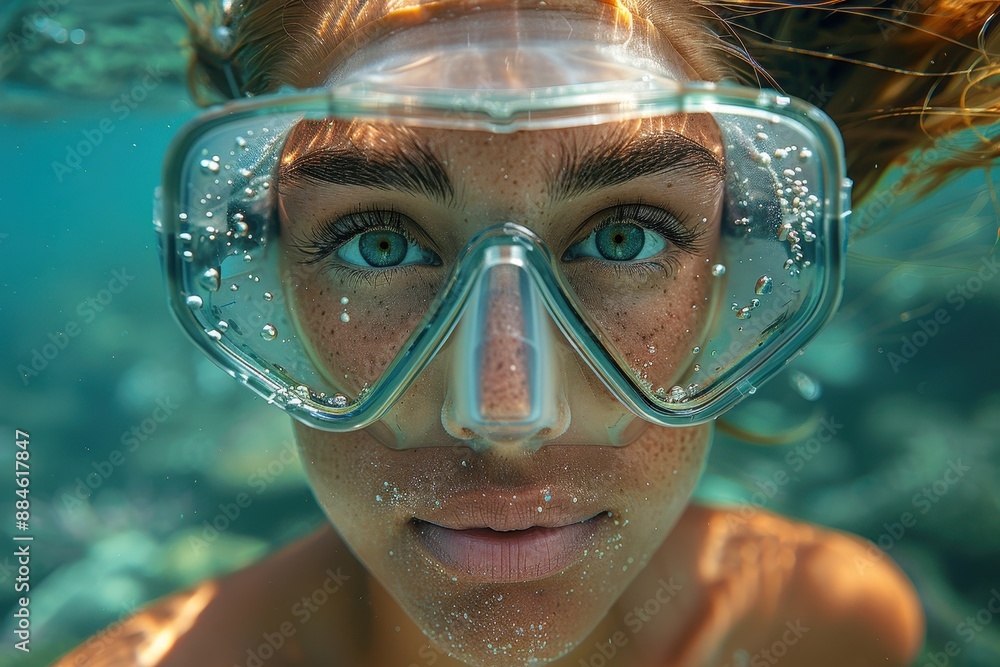 Naklejka premium Young Woman in Wetsuit and Mask Underwater, Exploring Coral Reef, Close-Up Portrait of Female Free Diver with Scuba Gear