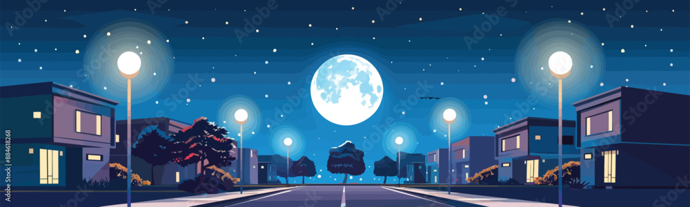 full moon street suburb isolated vector style full moon street suburb isolated vector style