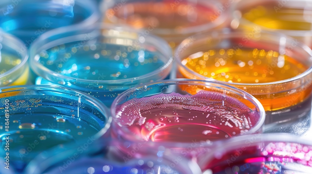 Vibrant Bacterial Cultures in Petri Dishes for Microbiological Research Vibrant Bacterial Cultures in Petri Dishes for Microbiological Research