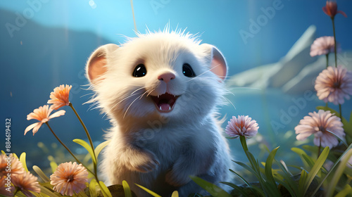 Cute White Mouse in Flowers