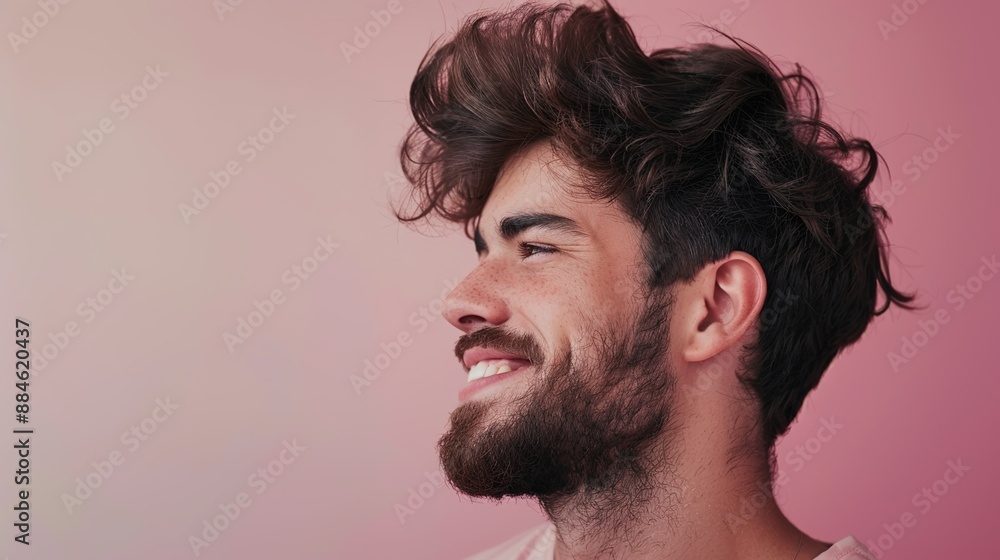 Fototapeta premium Serene Bearded Man with Satisfied Smile on Soft Pastel Background