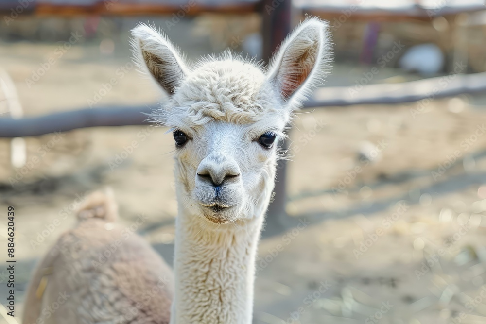 Obraz premium Closeup portrait of a curious and adorable white alpaca looking happy and peaceful, surrounded by a rural farm fence, showcasing its fluffy and soft texture
