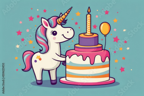 Happy birthday greeting card with cute unicorn and birthday cake.
