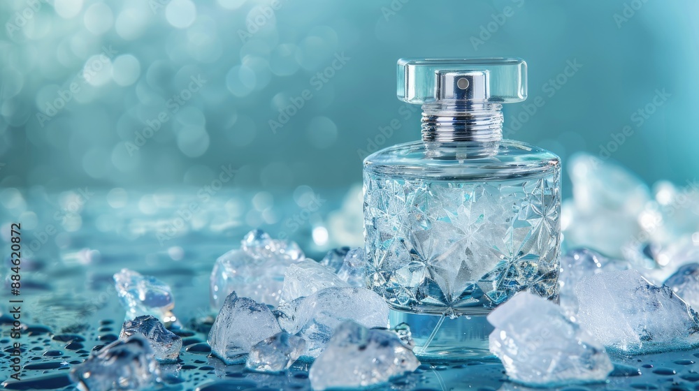 Perfume for men in clear bottle with ice fragments Perfume for men in clear bottle with ice fragments