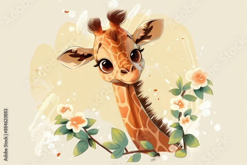 Adorable illustrated giraffe surrounded by whimsical flowers on a warm background photo