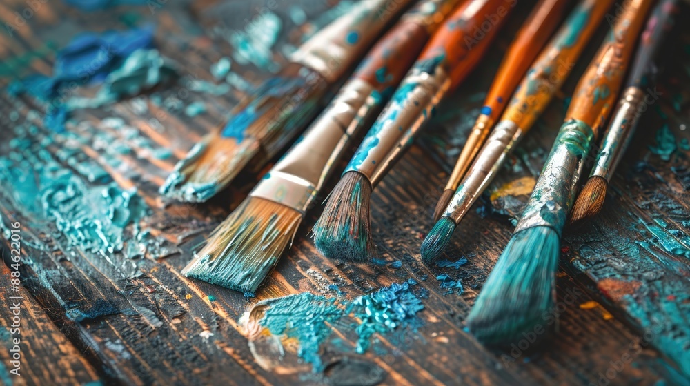 Fototapeta premium Close up of artist paintbrushes on old rustic wooden desk