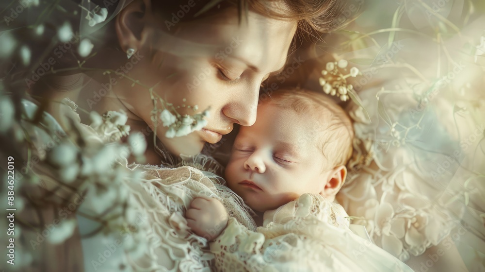 Tender moment of a mother and her newborn baby. The mother embraces baby in a floral setting. Soft light and pastel tones evoke warmth and love. Perfect for family-related themes. AI Tender moment of a mother and her newborn baby. The mother embraces baby in a floral setting. Soft light and pastel tones evoke warmth and love. Perfect for family-related themes. AI