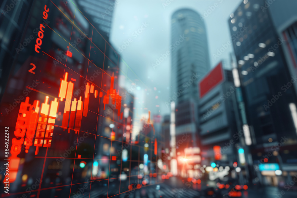 The Red Circle of Uncertainty: A Falling Stock Chart Against the Japanese Skyline The Red Circle of Uncertainty: A Falling Stock Chart Against the Japanese Skyline