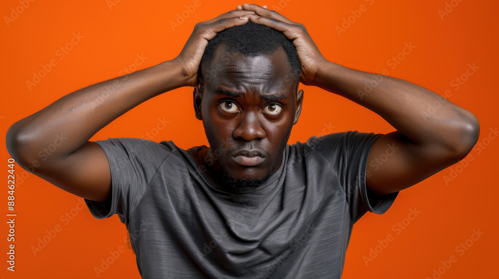 A photographic style of a man with a confused expression, hands scratching his head, wearing a grey shirt, against a solid orange background A photographic style of a man with a confused expression, hands scratching his head, wearing a grey shirt, against a solid orange background