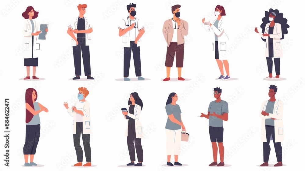 Fototapeta premium Set of Diverse Doctors and Healthcare Professionals in Lab Coats and Masks