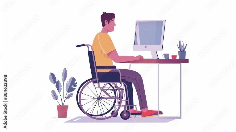 Man Working on Computer in Wheelchair Man Working on Computer in Wheelchair