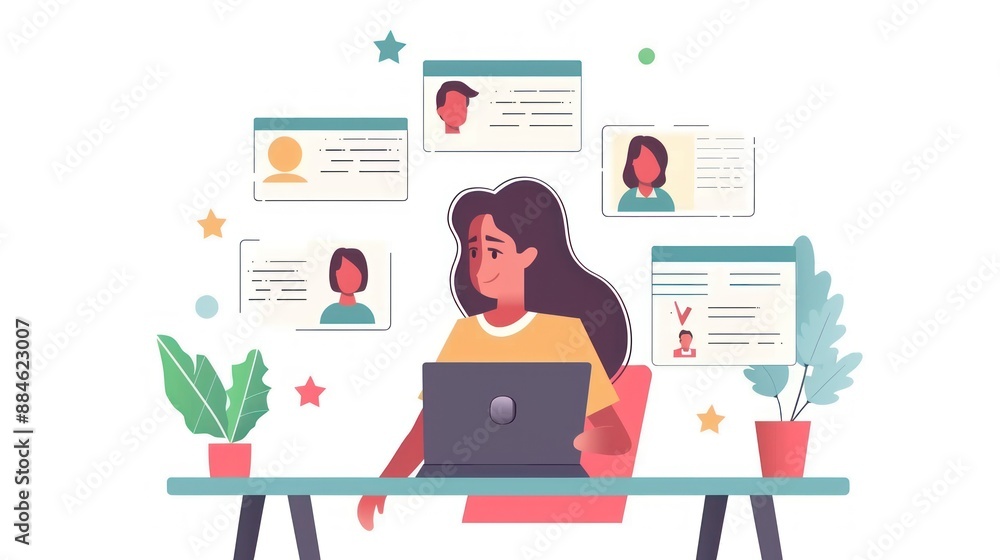 Woman Working on Laptop with Profiles on Screen Woman Working on Laptop with Profiles on Screen