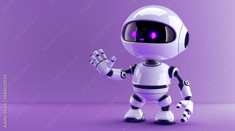 3D robot in purple background with hand up, expressing hello or support. Friendly chatbot renders for technology and robotic toy concepts.