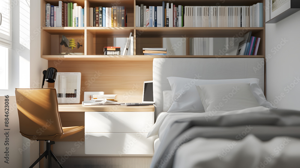 A bedroom with a desk and a chair, a computer, and a bookshelf A bedroom with a desk and a chair, a computer, and a bookshelf