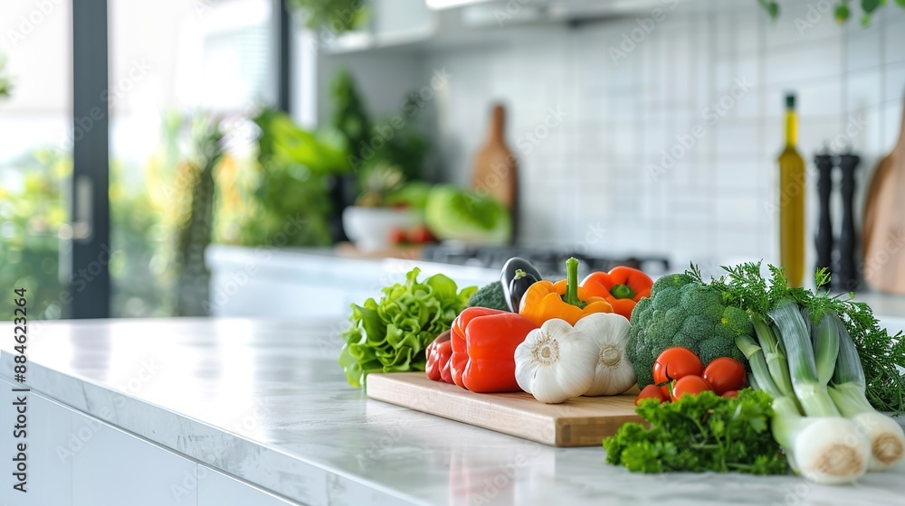 Vibrant Assortment of Fresh Vegetables Arranged on White Kitchen Counter Vibrant Assortment of Fresh Vegetables Arranged on White Kitchen Counter