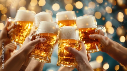 A group of friends raise their glasses of beer in a toast, celebrating a special occasion with a festive backdrop.