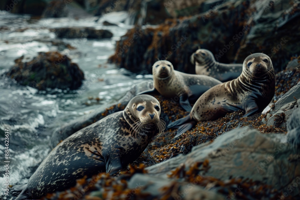 Fototapeta premium Seals chilling on rocky shore. Big eyes, whiskers, and spotty coats. Waves crash nearby. Nature's cutest beach bums!