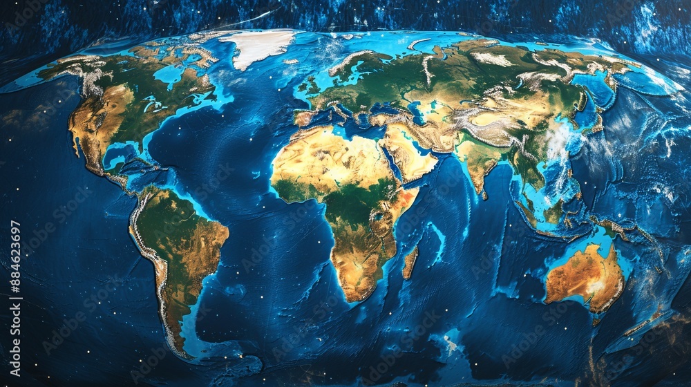 A high-resolution topographic world map detailing continents, displaying physical features such as mountains, rivers, and oceans, ideal for geographic and educational purposes. A high-resolution topographic world map detailing continents, displaying physical features such as mountains, rivers, and oceans, ideal for geographic and educational purposes.
