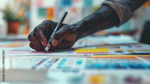 A hand holding a pen draws on a piece of paper surrounded by colorful design materials, reflecting creative design processes and artistic focus. Perfect for artistic projects. photo