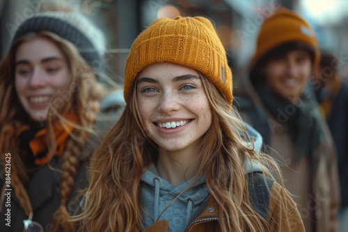 Smiling blonde with freckles in mustard beanie. Friends in background. Bright eyes and warm expression capture youthful joy. © Kishore Newton