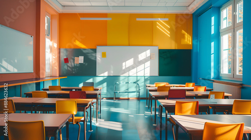 A colorful classroom with a white board and a TV