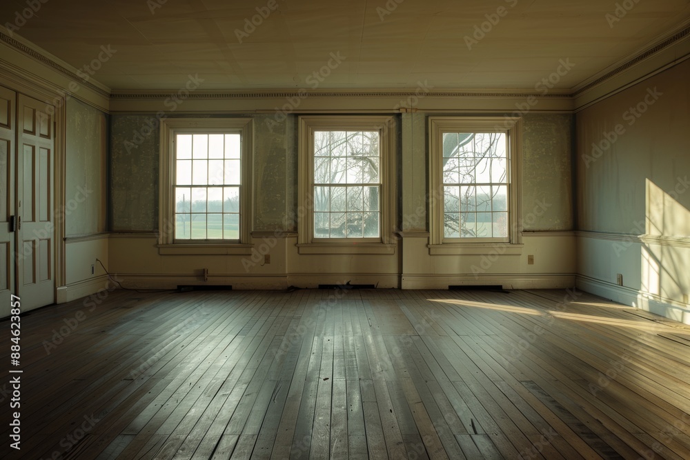 Empty room with wooden floors and three windows. Sunlight streams in, revealing bare walls and a door to the left. Empty room with wooden floors and three windows. Sunlight streams in, revealing bare walls and a door to the left.