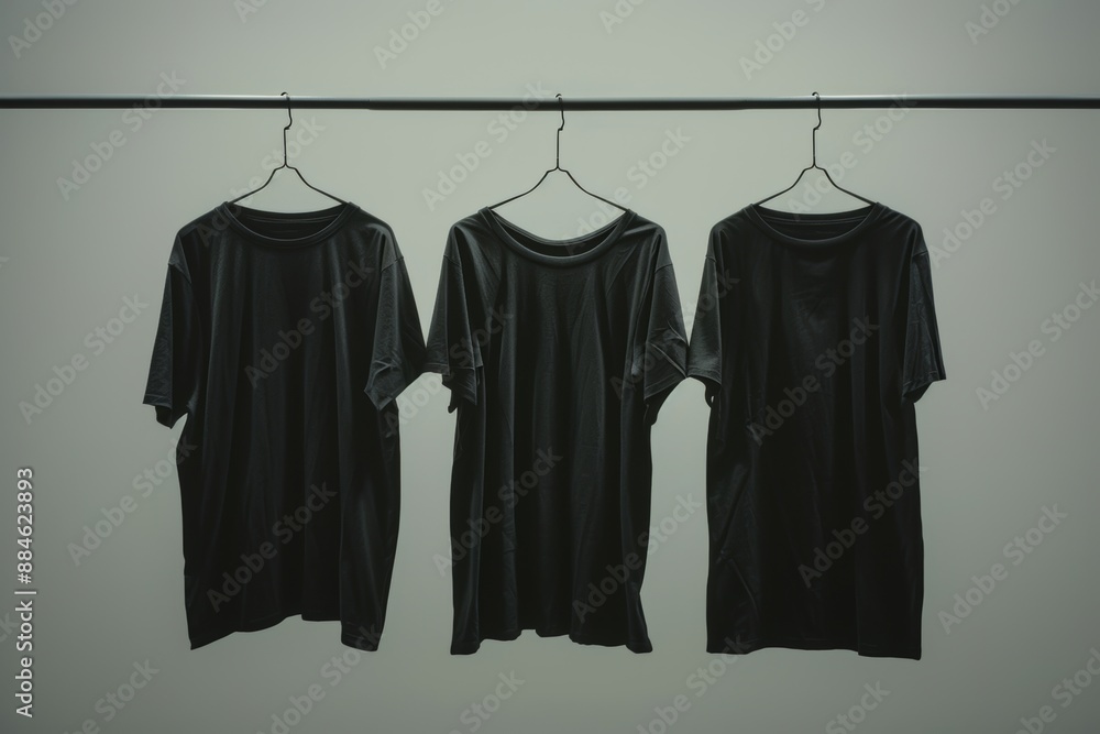 Three black t-shirts hanging on a rack against a gray background. Simple, minimalist scene. Three black t-shirts hanging on a rack against a gray background. Simple, minimalist scene.