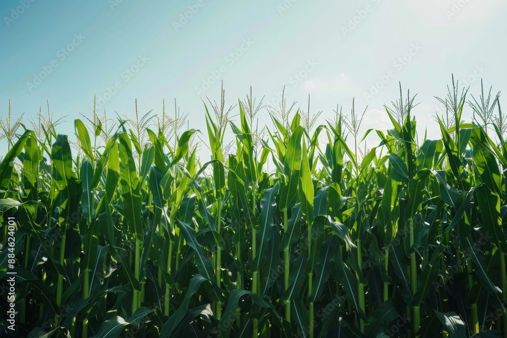 A lush cornfield stretches to the horizon under a clear blue sky. Tall green stalks with tassels sway gently in the breeze. A lush cornfield stretches to the horizon under a clear blue sky. Tall green stalks with tassels sway gently in the breeze.