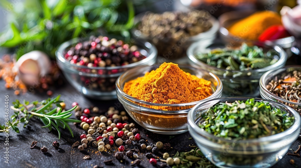 Vibrant Array of Spices and Herbs in Glass Bowls on Dark Wood Table Vibrant Array of Spices and Herbs in Glass Bowls on Dark Wood Table