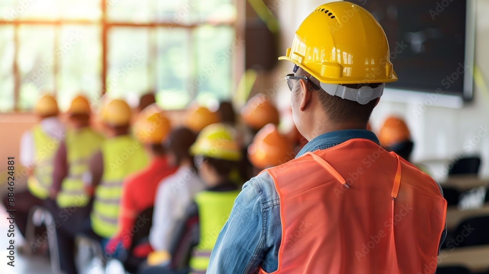 A worker in the foreground wearing a yellow helmet and orange vest facing a group of workers, all in safety gear, attending a construction safety training session.