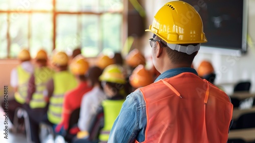 Obraz na płótnie A worker in the foreground wearing a yellow helmet and orange vest facing a group of workers, all in safety gear, attending a construction safety training session. w salonie
