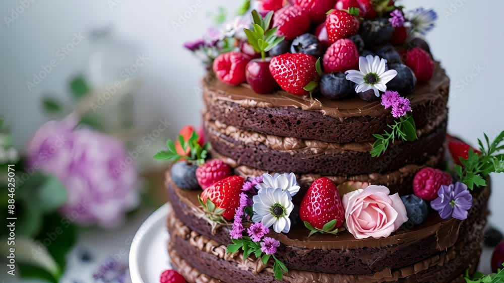 An elegant vegan holiday cake layered with decadent chocolate ganache and adorned with fresh berries and edible flowers. An elegant vegan holiday cake layered with decadent chocolate ganache and adorned with fresh berries and edible flowers.