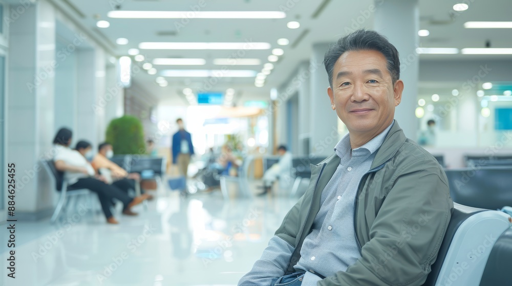middle aged asian man in hospital waiting room middle aged asian man in hospital waiting room
