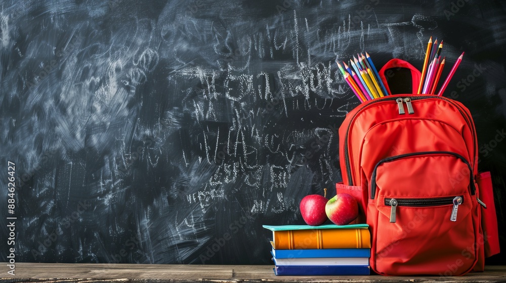 This image shows a red backpack filled with colored pencils and notebooks placed on books against a chalkboard, representing back-to-school and educational themes. This image shows a red backpack filled with colored pencils and notebooks placed on books against a chalkboard, representing back-to-school and educational themes.