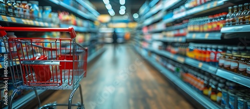 Supermarket aisle with neatly stocked shelves featuring an empty red shopping cart in focus with a blurred customer background for added depth photo