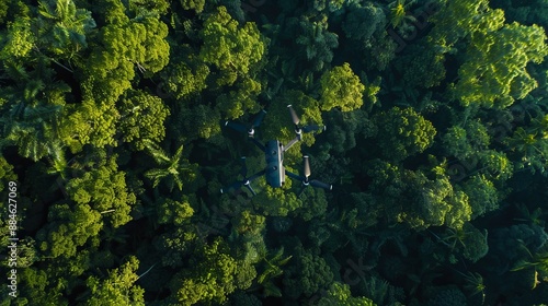 A drone hovers over a dense, lush green forest, capturing an aerial perspective of the verdant treetops below, illustrating the beauty and expanse of nature from above. photo