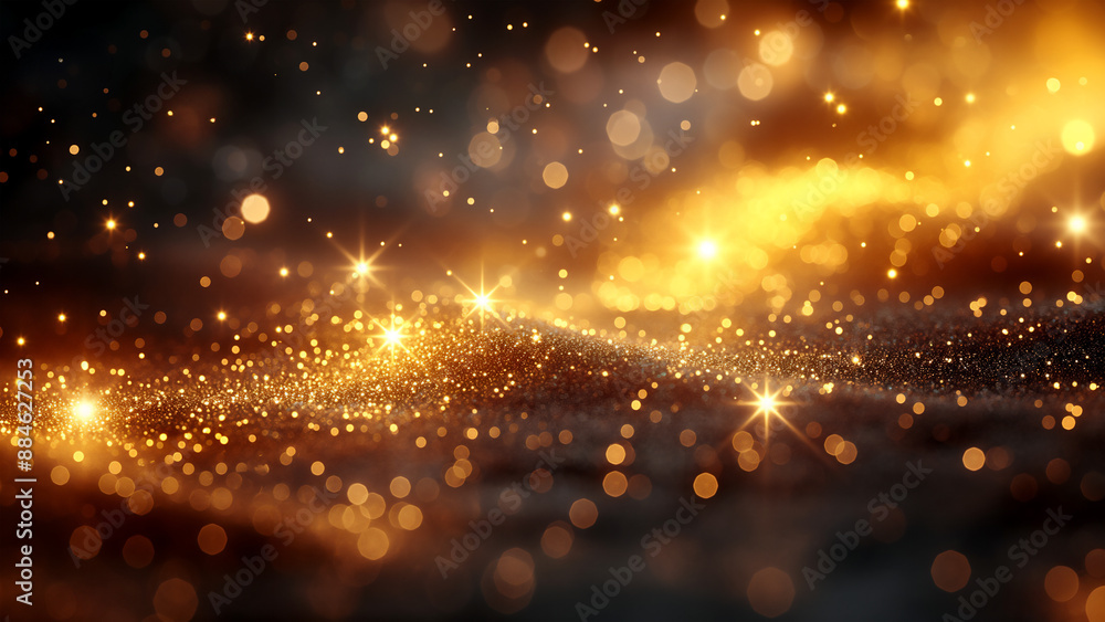 Background of golden light particles, creating an ethereal and dreamy atmosphere. The particles sparkle with golden hues against the dark backdrop. Background of golden light particles, creating an ethereal and dreamy atmosphere. The particles sparkle with golden hues against the dark backdrop.
