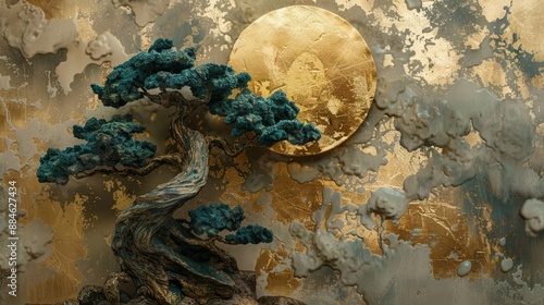 Fototapeta Naklejka Na Ścianę i Meble -  3d artwork in gold and green. A tree under a golden sun. Abstract wallpaper background.