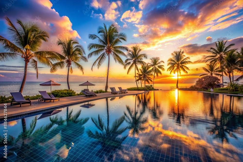 Luxury sunset over an infinity pool at a summer beachfront hotel resort, with a tropical landscape. Luxury sunset over an infinity pool at a summer beachfront hotel resort, with a tropical landscape.