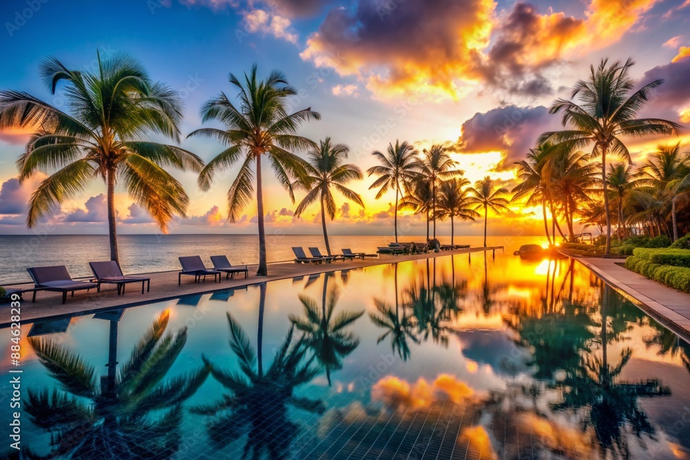 Luxury sunset over an infinity pool at a summer beachfront hotel resort, with a tropical landscape. Luxury sunset over an infinity pool at a summer beachfront hotel resort, with a tropical landscape.