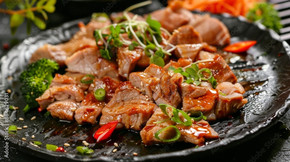 The national cuisine of Japan. Pork with vegetables, sake and miso paste. 