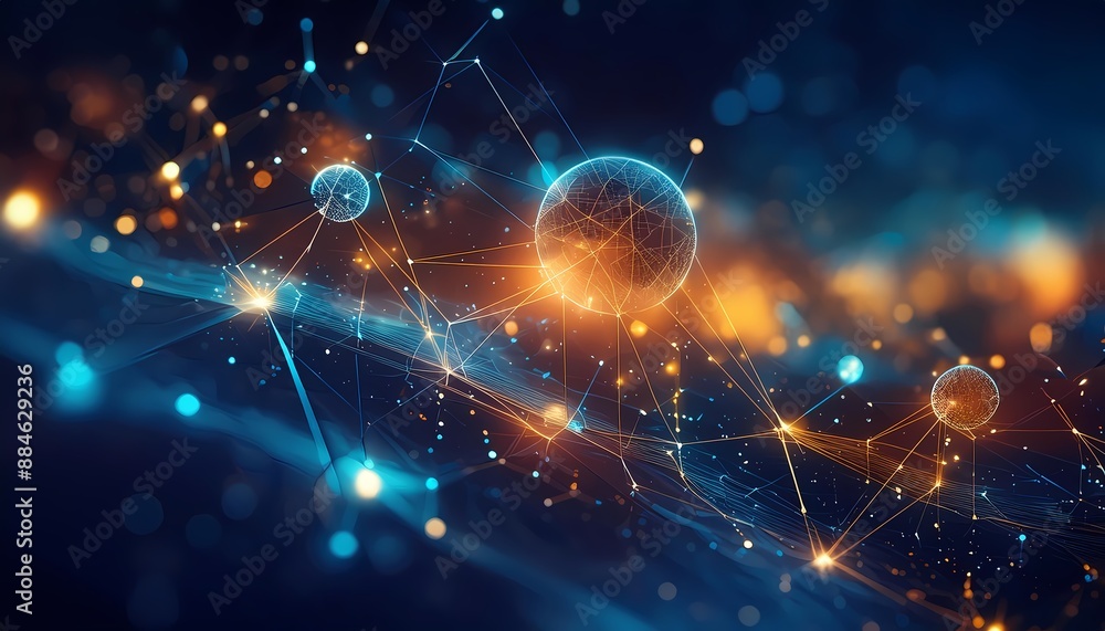 Obraz premium Big data visualisation. Abstract digital particles. Cyber network background. Technology concept with lines and doth gloving. Generative ai image