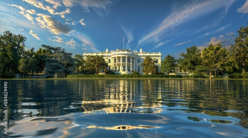 Stunning image of the iconic White House reflected in a serene lake. Beautiful blue sky and majestic clouds add a peaceful atmosphere. Ideal for travel, architecture, and political content. AI photo