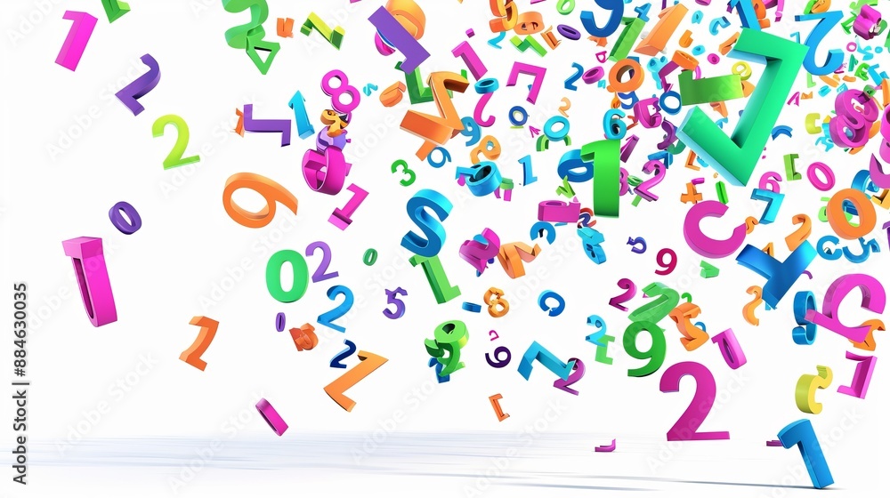 Bright and diverse 3D numbers explode and float upwards against a pristine white background, forming a dynamic and lively visual display full of motion and energy. Bright and diverse 3D numbers explode and float upwards against a pristine white background, forming a dynamic and lively visual display full of motion and energy.