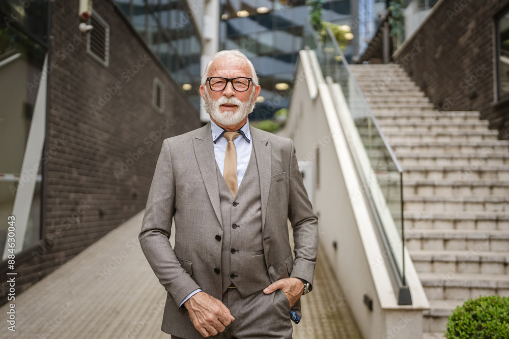 Portrait of senior man with beard businessman in suit stand outdoor Portrait of senior man with beard businessman in suit stand outdoor