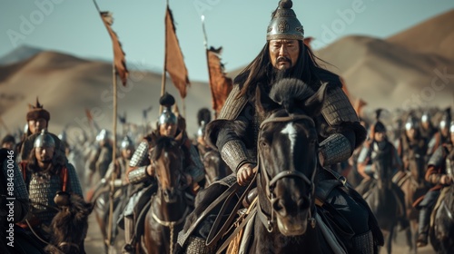 Genghis Khan Leading Mongol Warriors on Horseback Through Desert Dunes