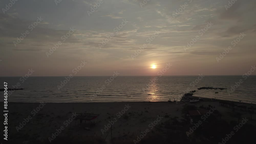 Aerial view of sunset above sea by Karpen beach in Albania, Summer 2022 - raw file Aerial view of sunset above sea by Karpen beach in Albania, Summer 2022 - raw file