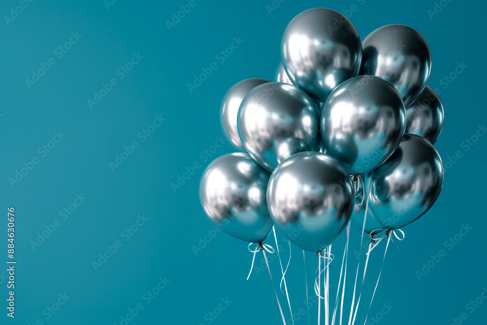 Metallic silver balloons against teal background party decoration concept Metallic silver balloons against teal background party decoration concept