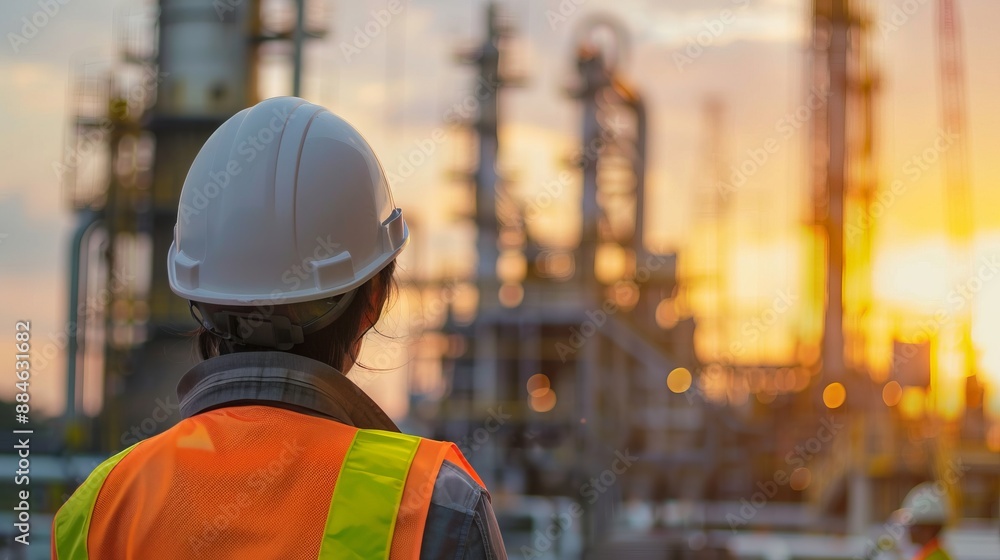 An industrial worker dressed in high-visibility gear and white helmet surveys a large, intricate industrial facility at dusk, highlighting safety, precision, and structured work. An industrial worker dressed in high-visibility gear and white helmet surveys a large, intricate industrial facility at dusk, highlighting safety, precision, and structured work.