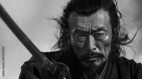 Close Up of Ronin Warrior Miyamoto Musashi with Sword in Black and White © Sol Revolver Group